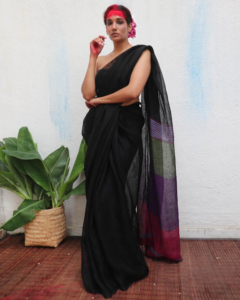 Brahmi Black Handwoven Linen Saree - Kaali