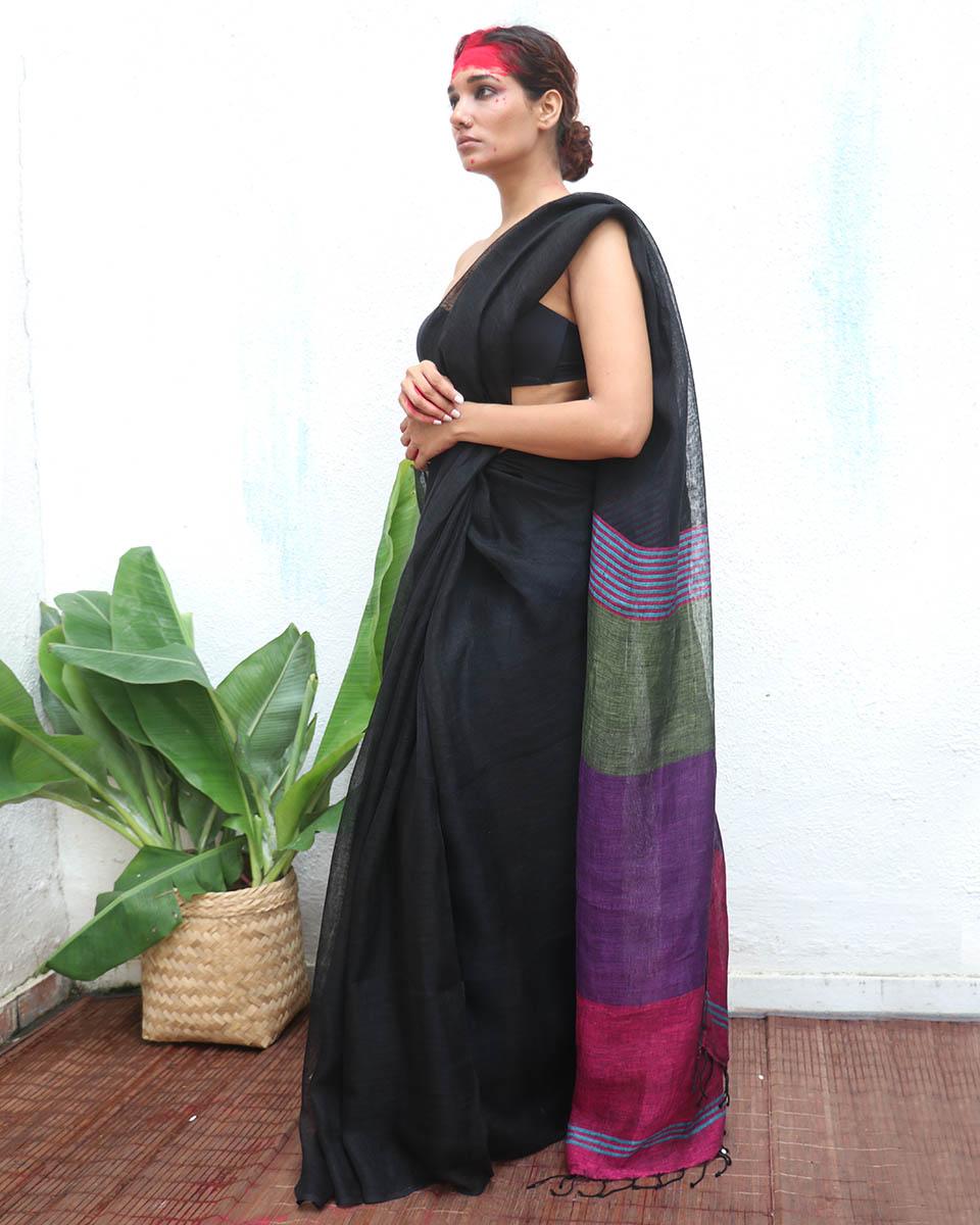 Brahmi Black Handwoven Linen Saree - Kaali