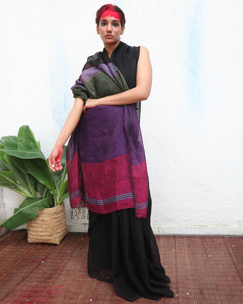 Brahmi Black Handwoven Linen Saree - Kaali