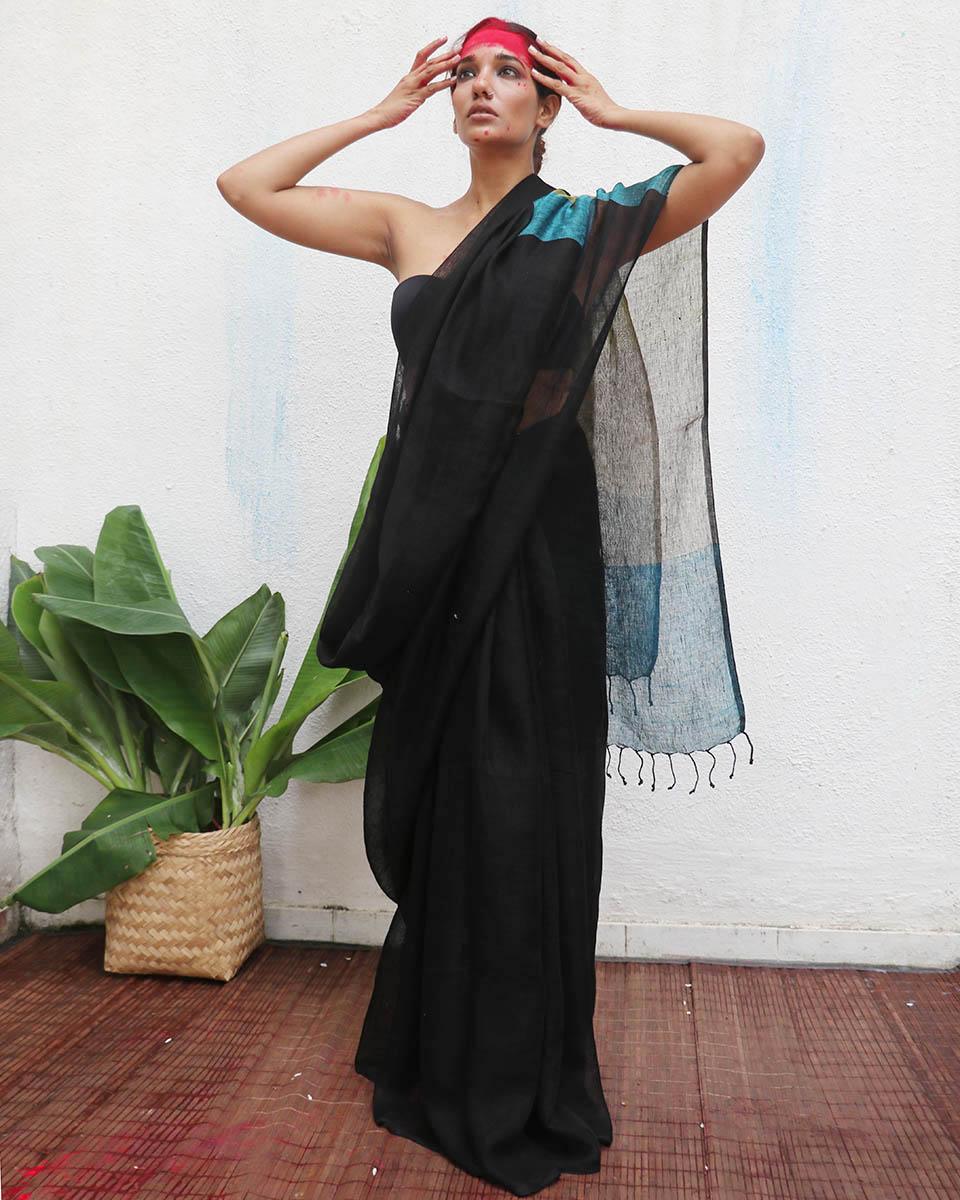 Virupakshi Black Handwoven Linen Saree - Kaali