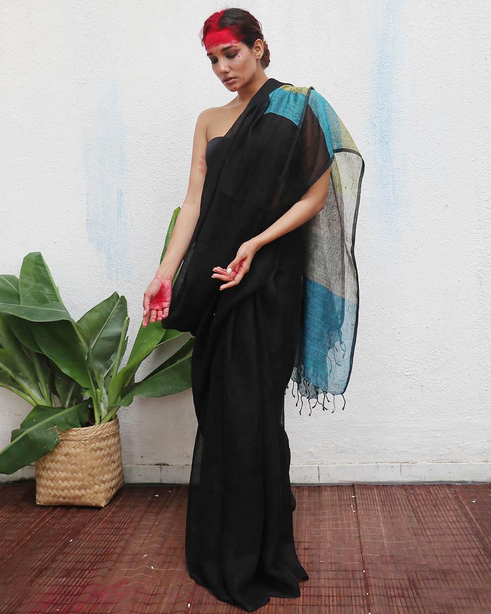 Virupakshi Black Handwoven Linen Saree - Kaali