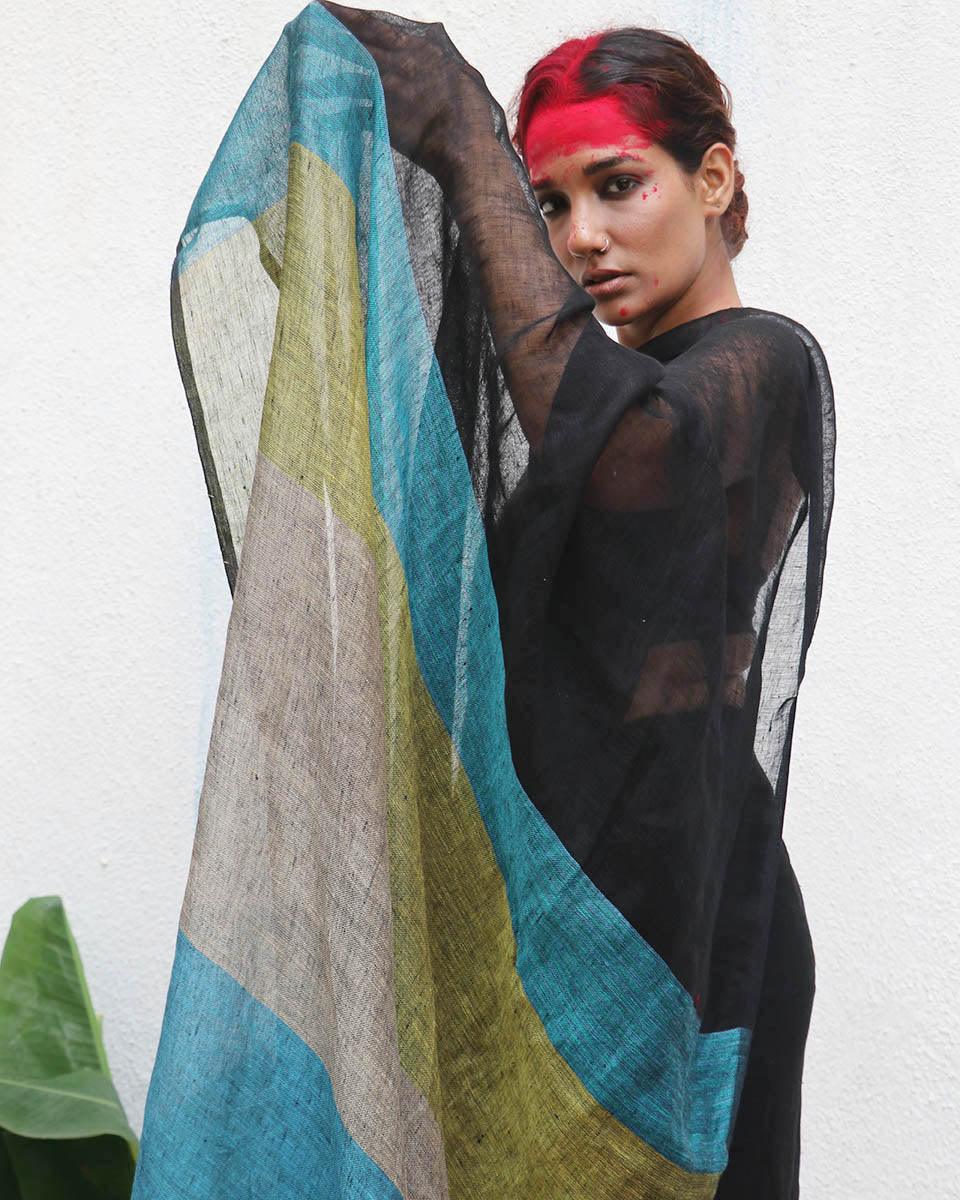 Virupakshi Black Handwoven Linen Saree - Kaali