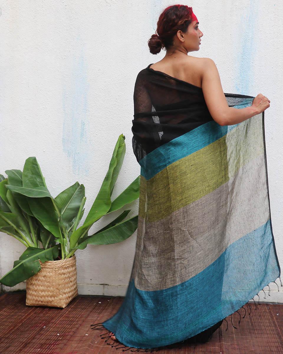 Virupakshi Black Handwoven Linen Saree - Kaali