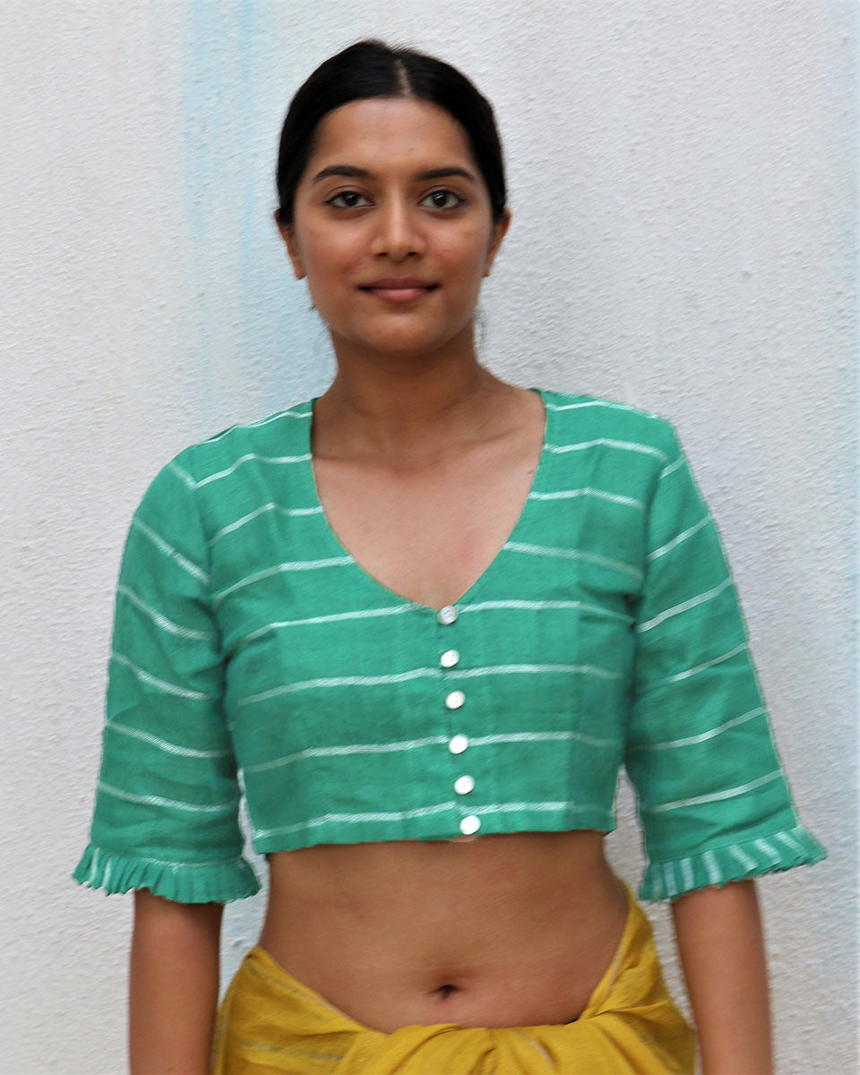 Green Handwoven V Neck Linen Zari Blouse - Everyday Beautiful