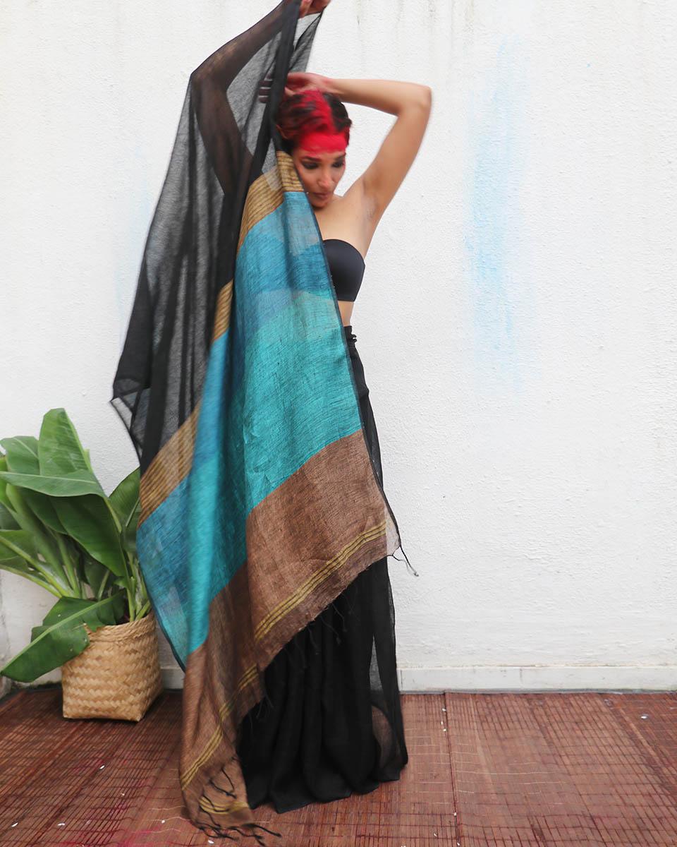 Mahamaya Black Handwoven Linen Saree - Kaali