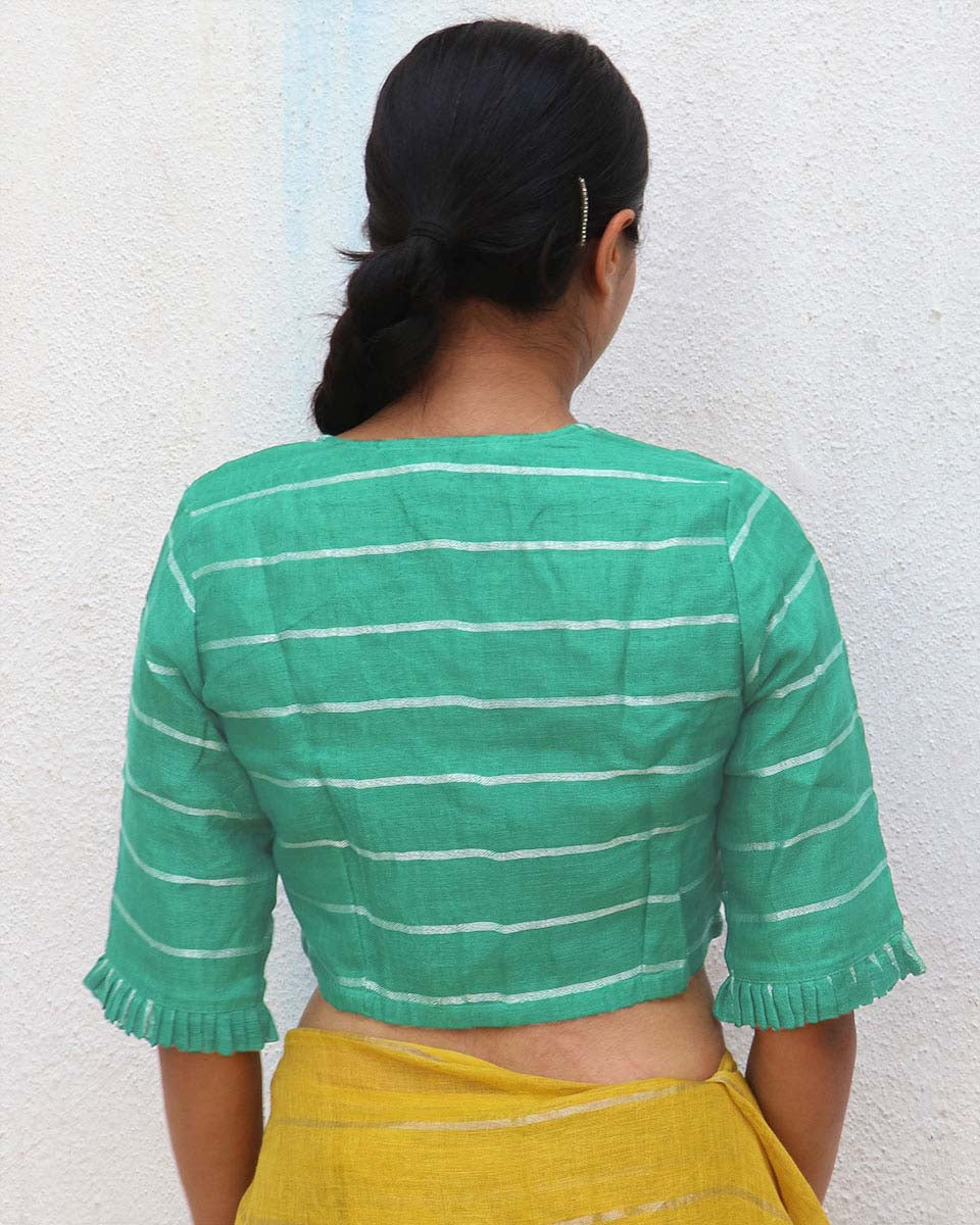 Green Handwoven V Neck Linen Zari Blouse - Everyday Beautiful