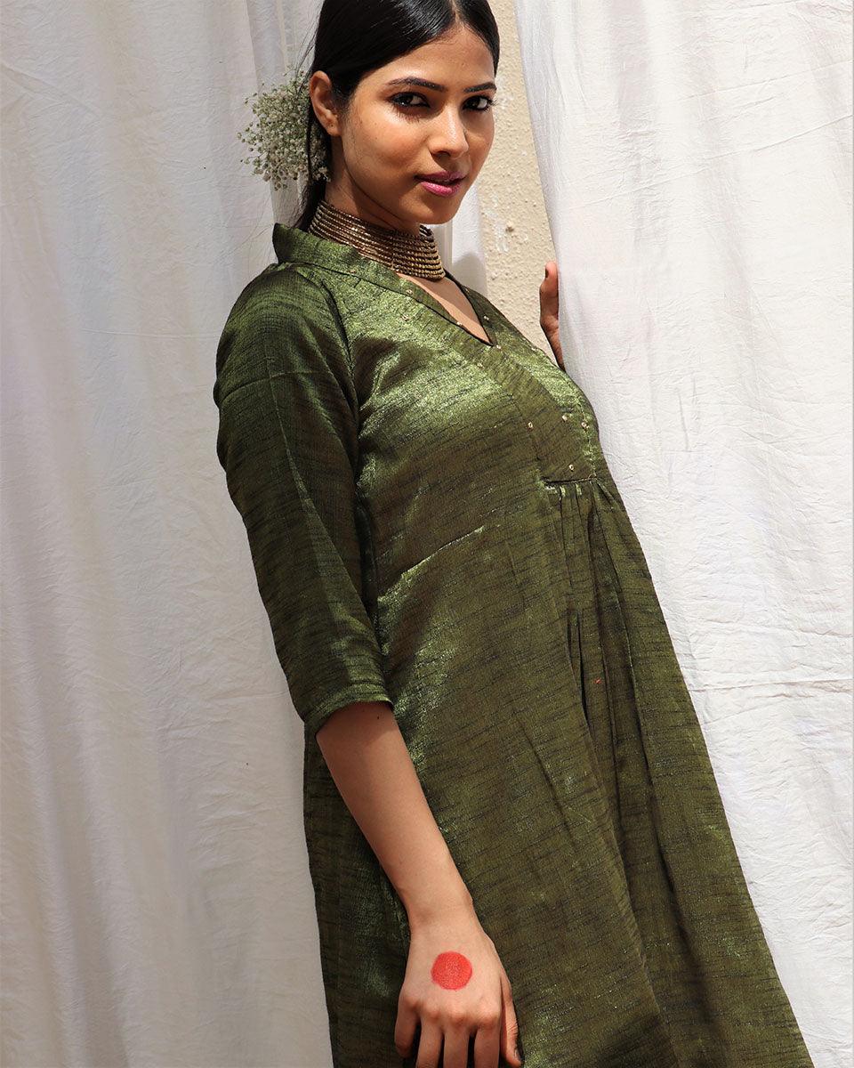 Luna Silk Cotton - Olive Green & Purple With Gold Zari main image 1