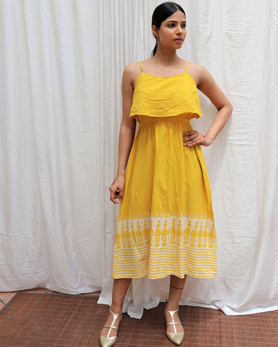 Mimosa Yellow Handblockprinted Cotton Dress-Sor