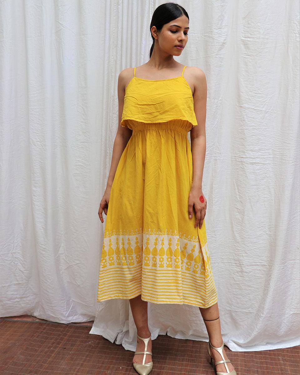 Mimosa Yellow Handblockprinted Cotton Dress-Sor