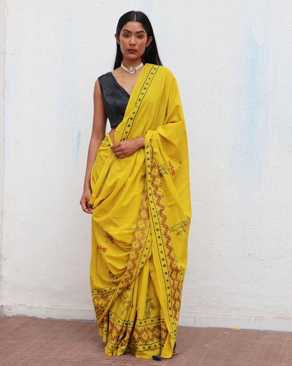 Daffodil Hand Blockprinted Cotton Saree - Fmtm