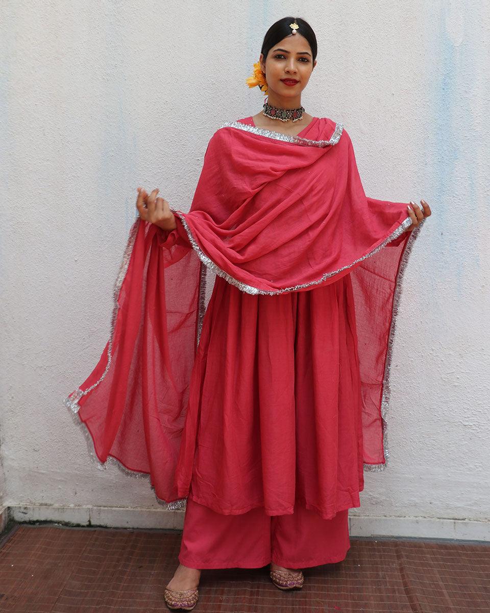 Preet Rose Mulmul Cotton Kurta Set with Dupatta Set of 3 - Jugnoo