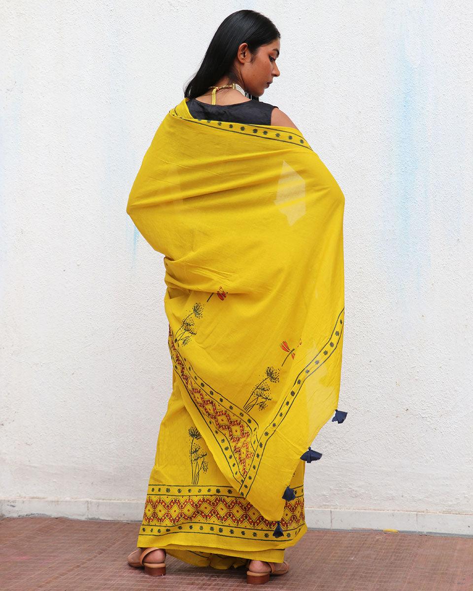 Daffodil Hand Blockprinted Cotton Saree - Fmtm