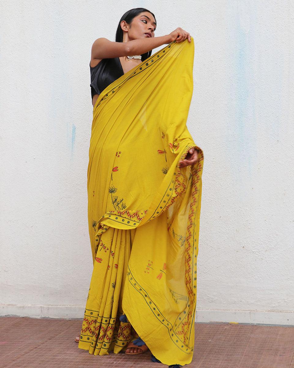 Daffodil Hand Blockprinted Cotton Saree - Fmtm