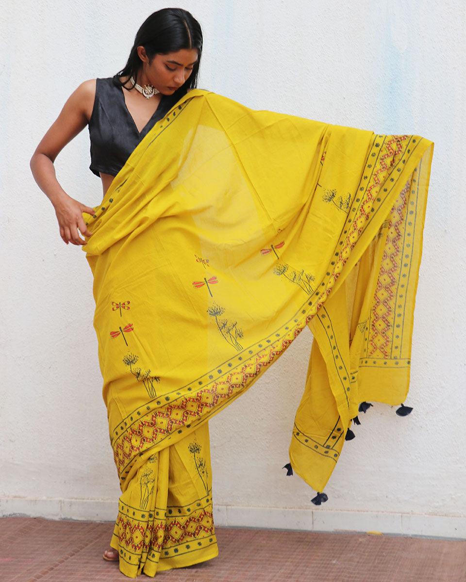 Daffodil Hand Blockprinted Cotton Saree - Fmtm