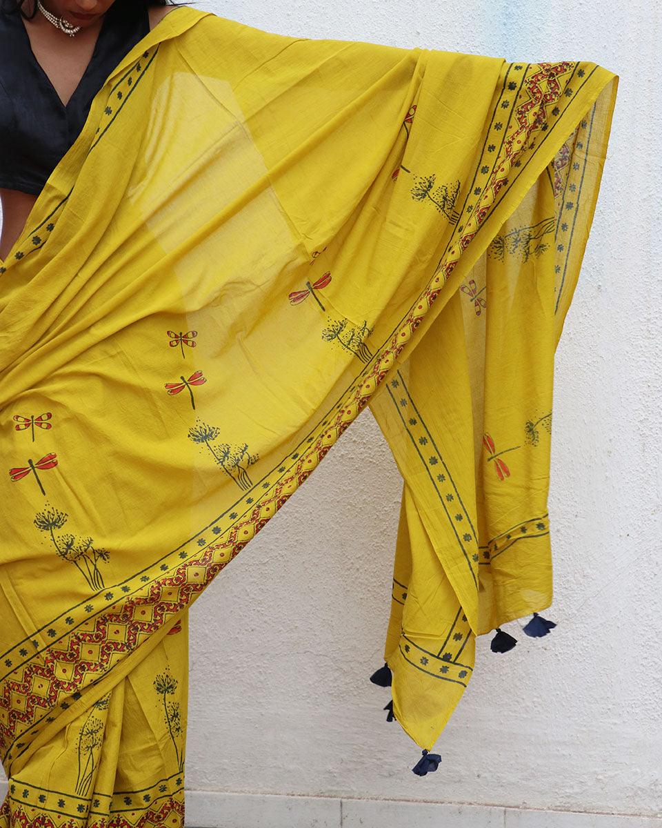 Daffodil Hand Blockprinted Cotton Saree - Fmtm
