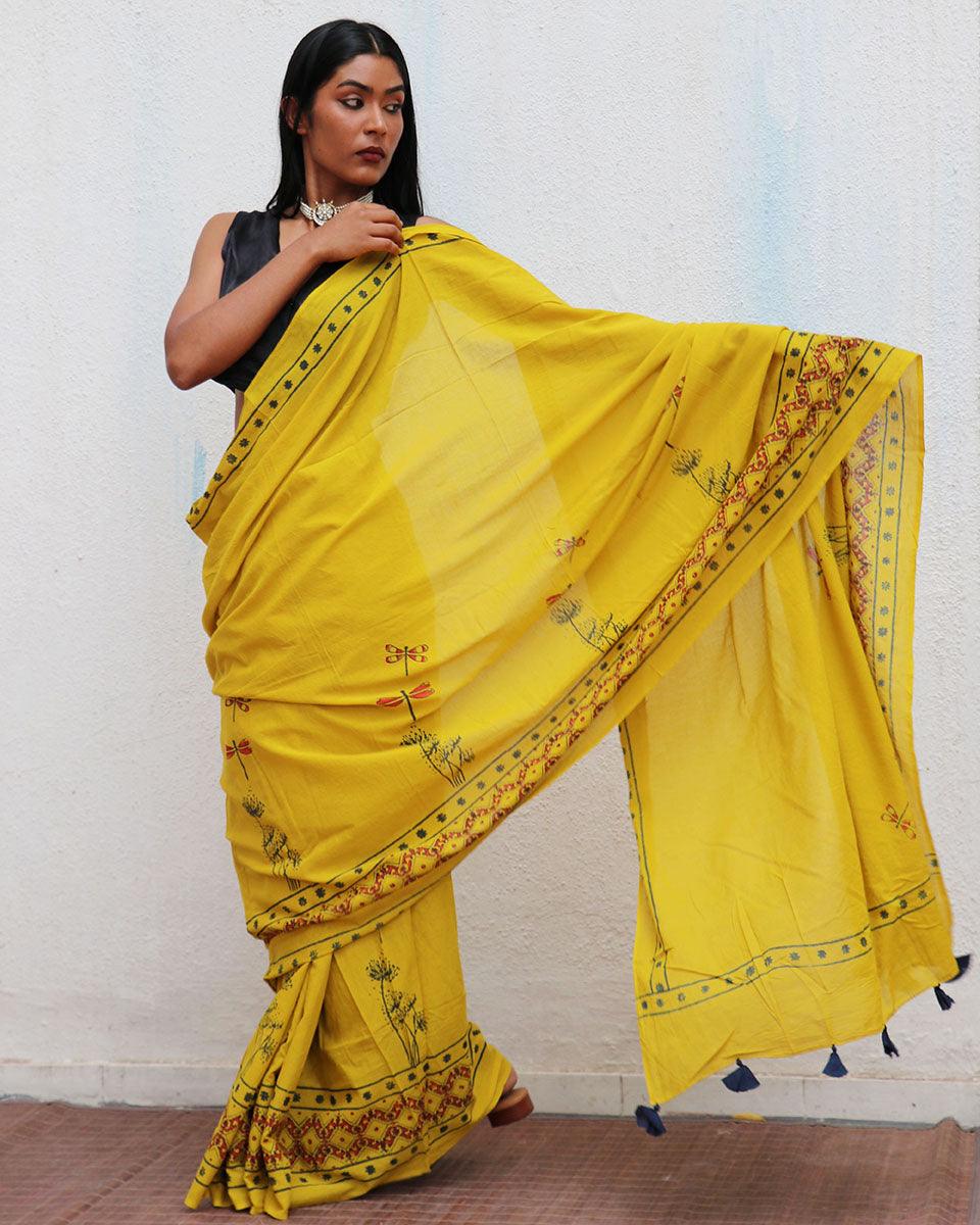 Daffodil Hand Blockprinted Cotton Saree - Fmtm
