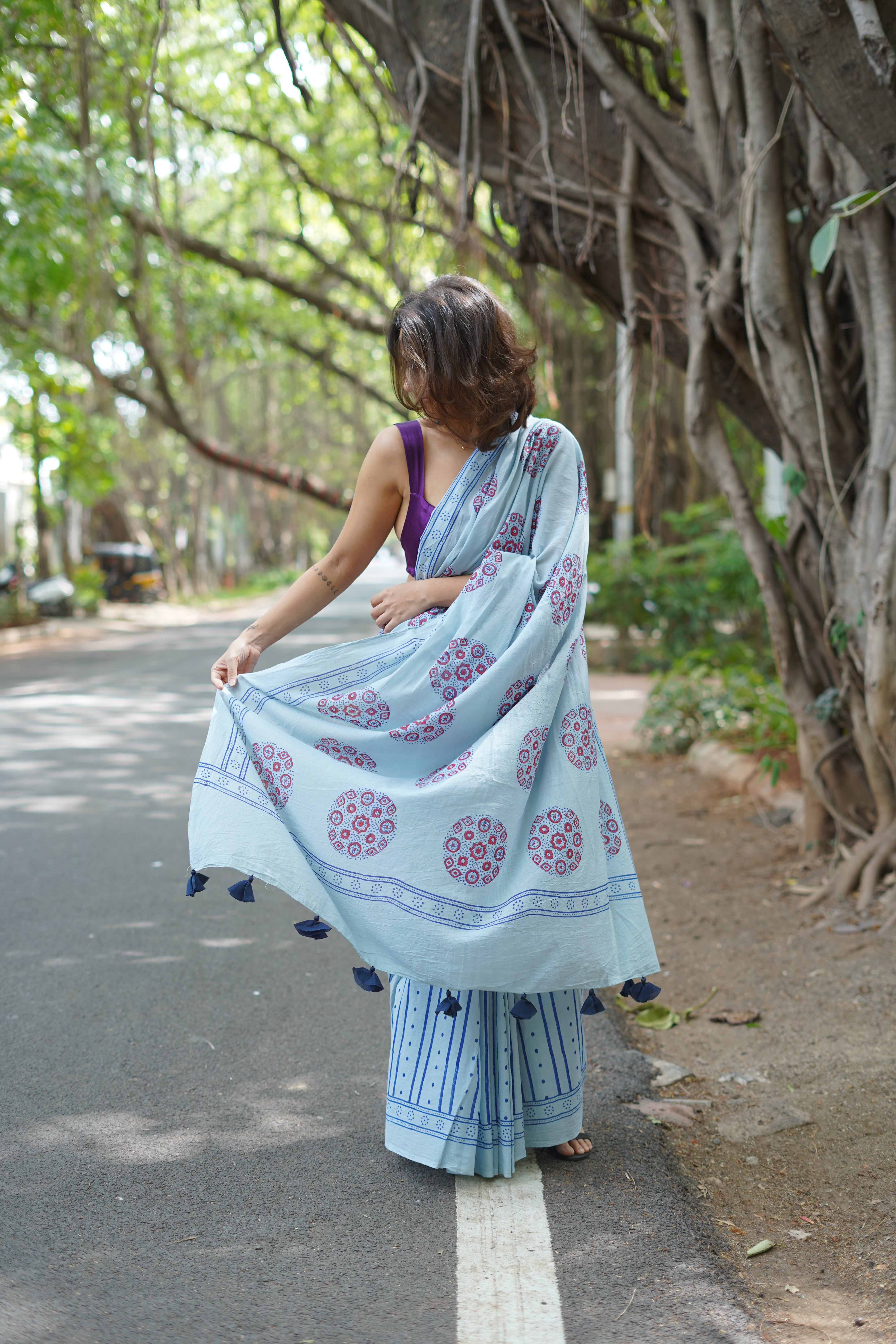 Blueberry Cream Sky Blue Handblock Print Cotton Saree - PBC
