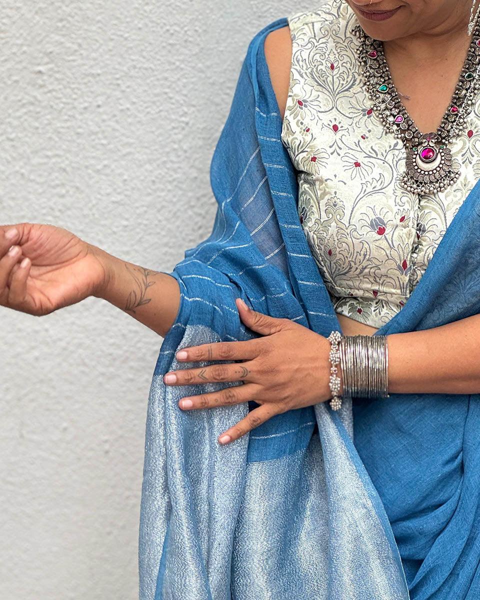 Barkha Blue Handwoven Linen Zari Saree - Jheel