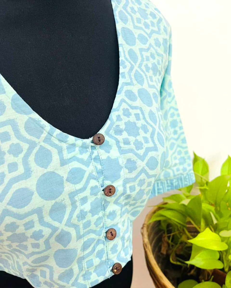 Madhubani Sky Blue Handblock Print Cotton Blouse - Noor