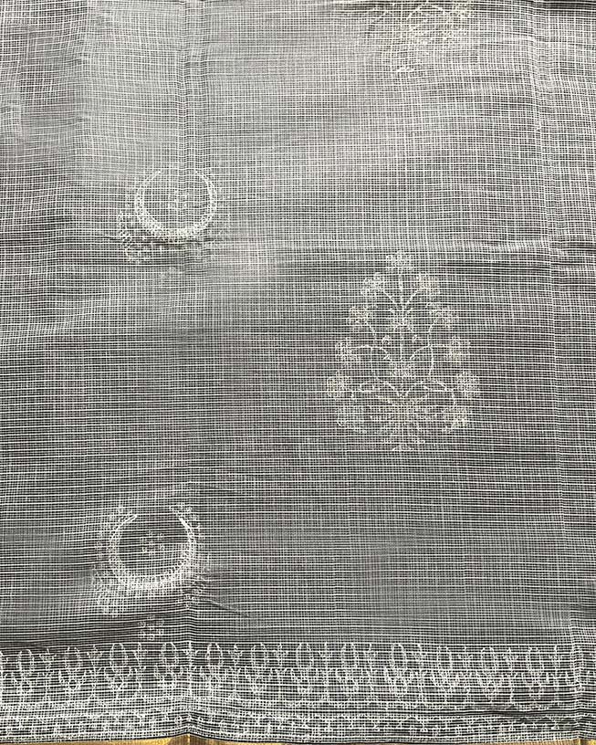 Milk Glass Kota Doria Ivory Block Printed Saree - SFD