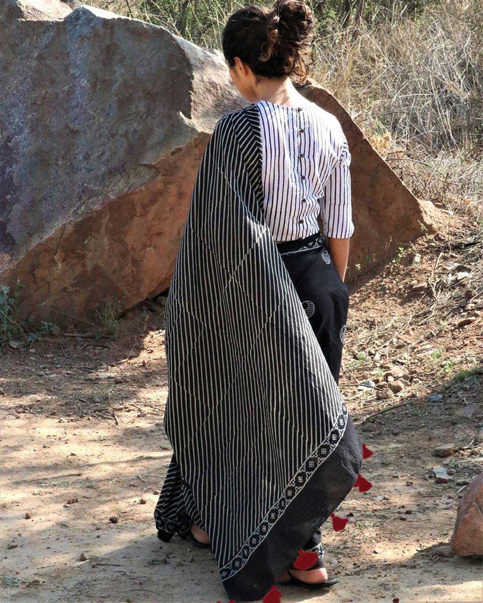 Black Moon Hand Blockprinted Cotton Saree