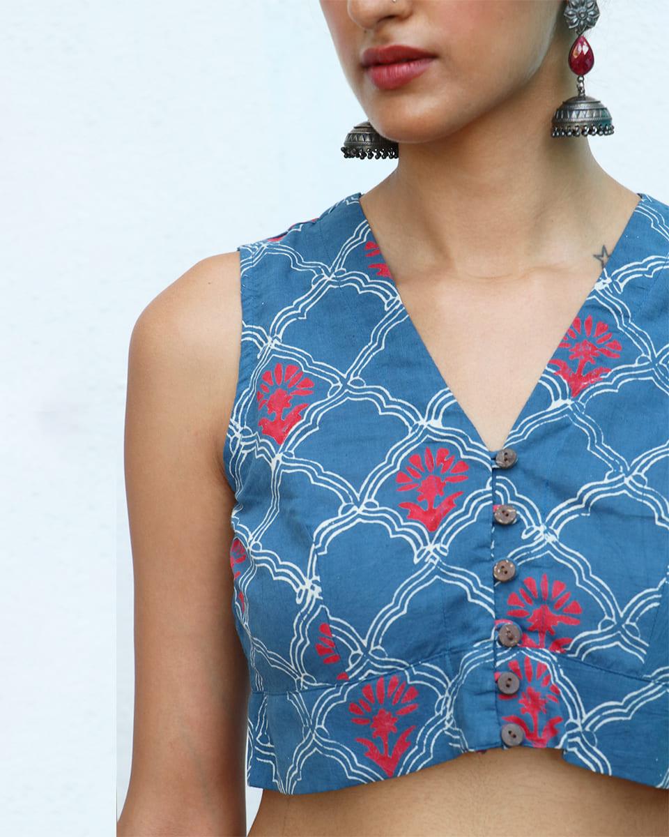 Midnight Floret Hand Block-Printed Cotton Blouse - Neelanjali