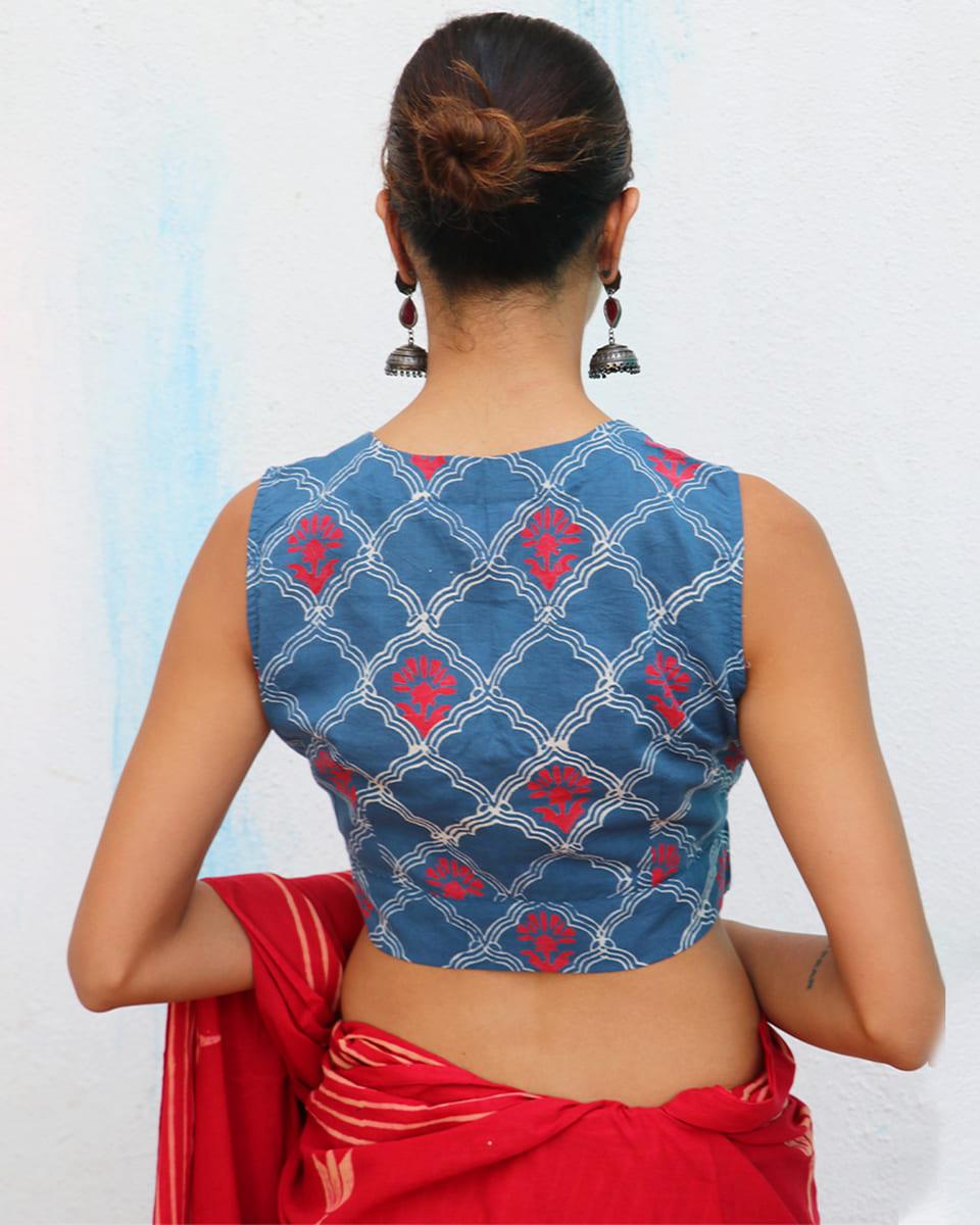 Midnight Floret Hand Block-Printed Cotton Blouse - Neelanjali