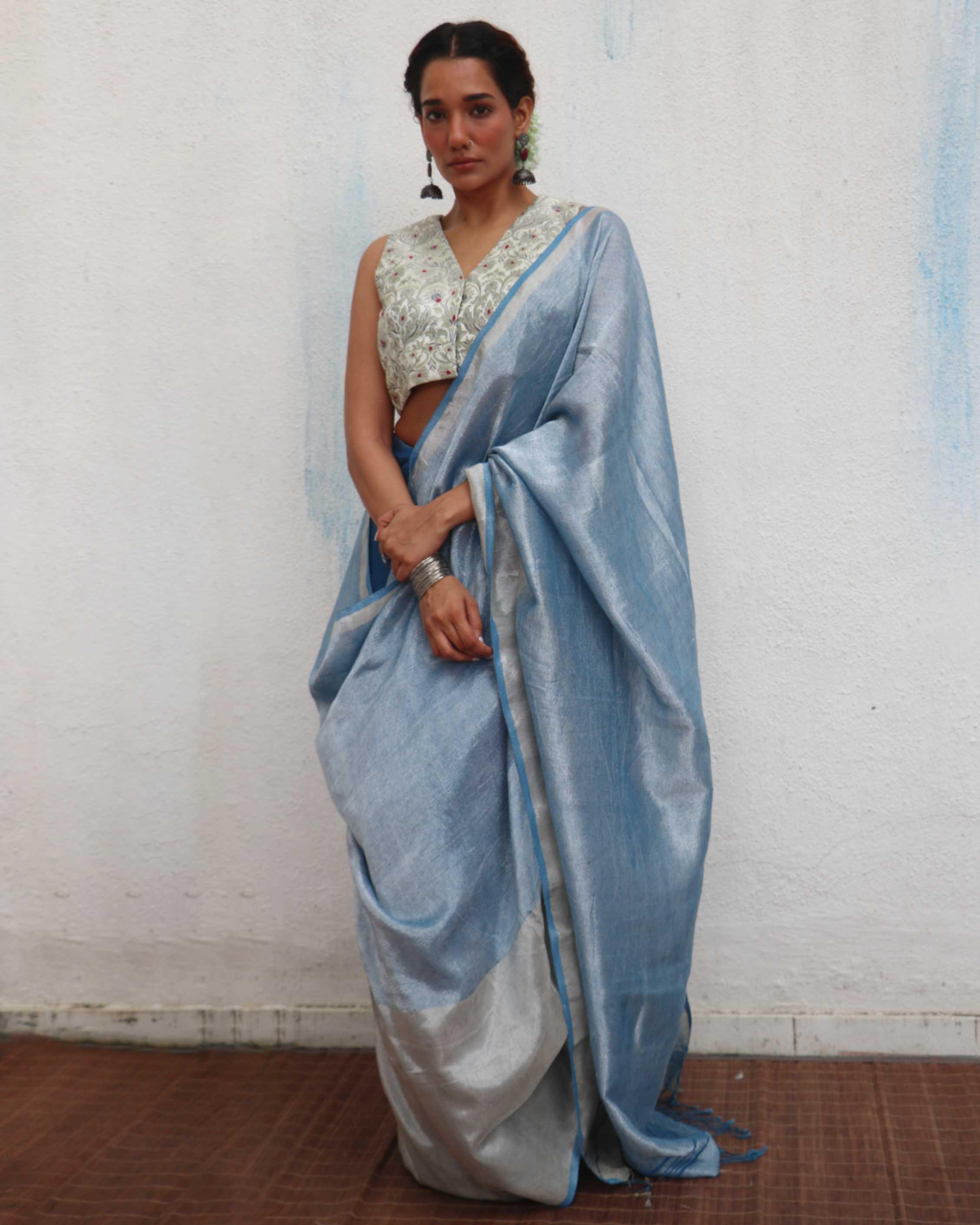Mazha Blue Handwoven Linen Zari Saree - Jheel