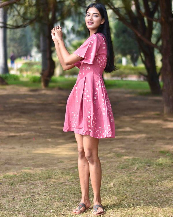 Pink Pure Cotton Block Printed Dress- Nupur