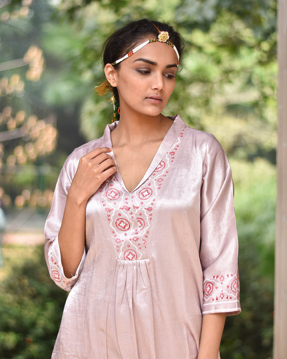 Moonrose Ensemble Pink Block printed Mashru Silk Kurta - LD