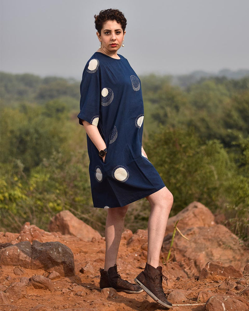 Indigo Moonshine Blockprinted Cotton Dress - Awargi