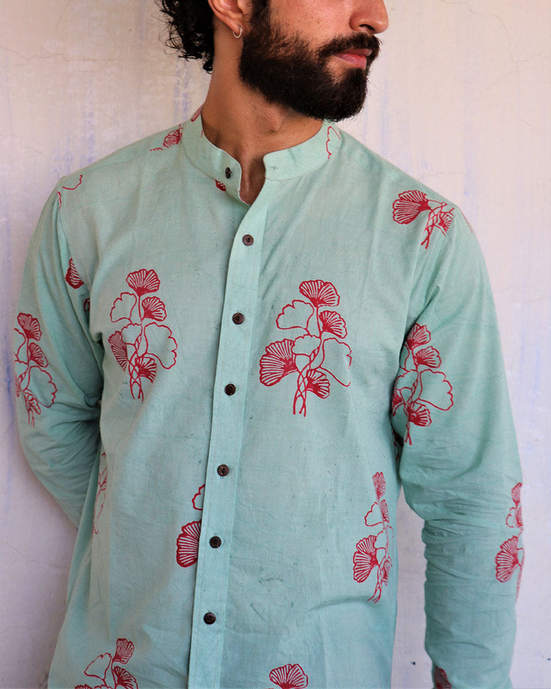 Sea Green Ginkgo Blockprinted Men'S Shirt
