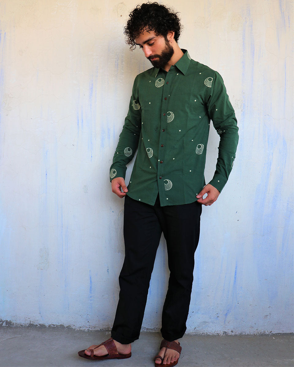Emerald Green Crescent Moon Blockprinted Men'S Shirt