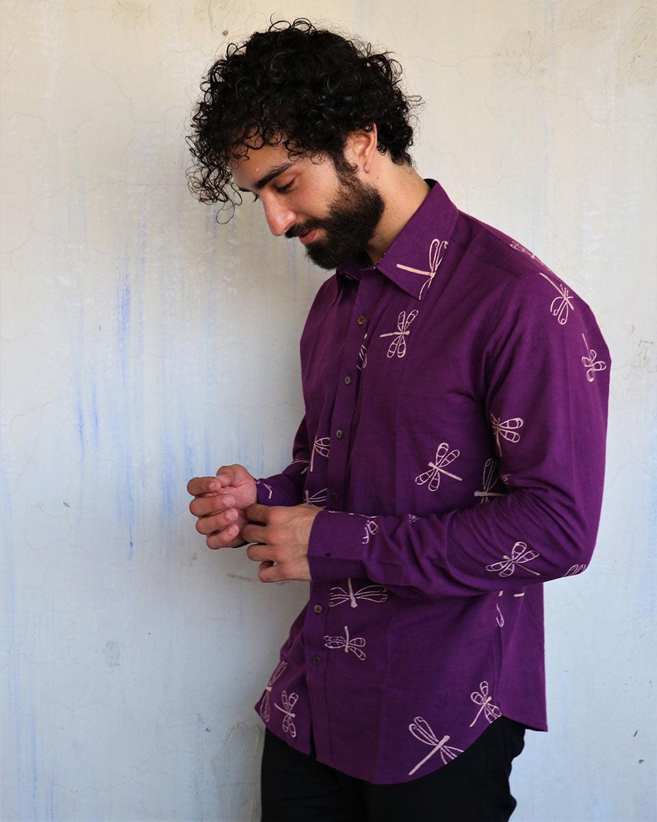 Aubergine Dragonfly Blockprinted Men'S Shirt