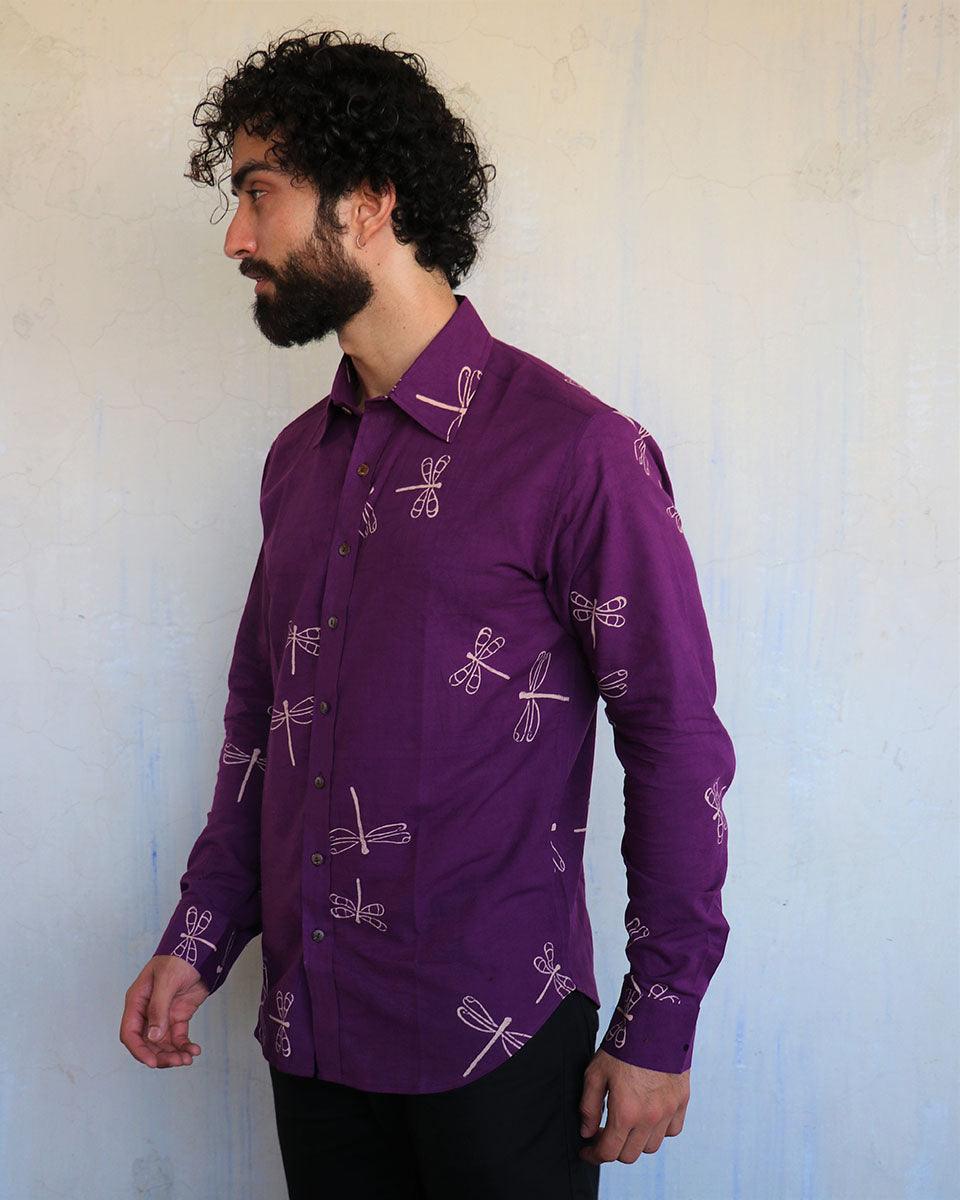 Aubergine Dragonfly Blockprinted Men'S Shirt