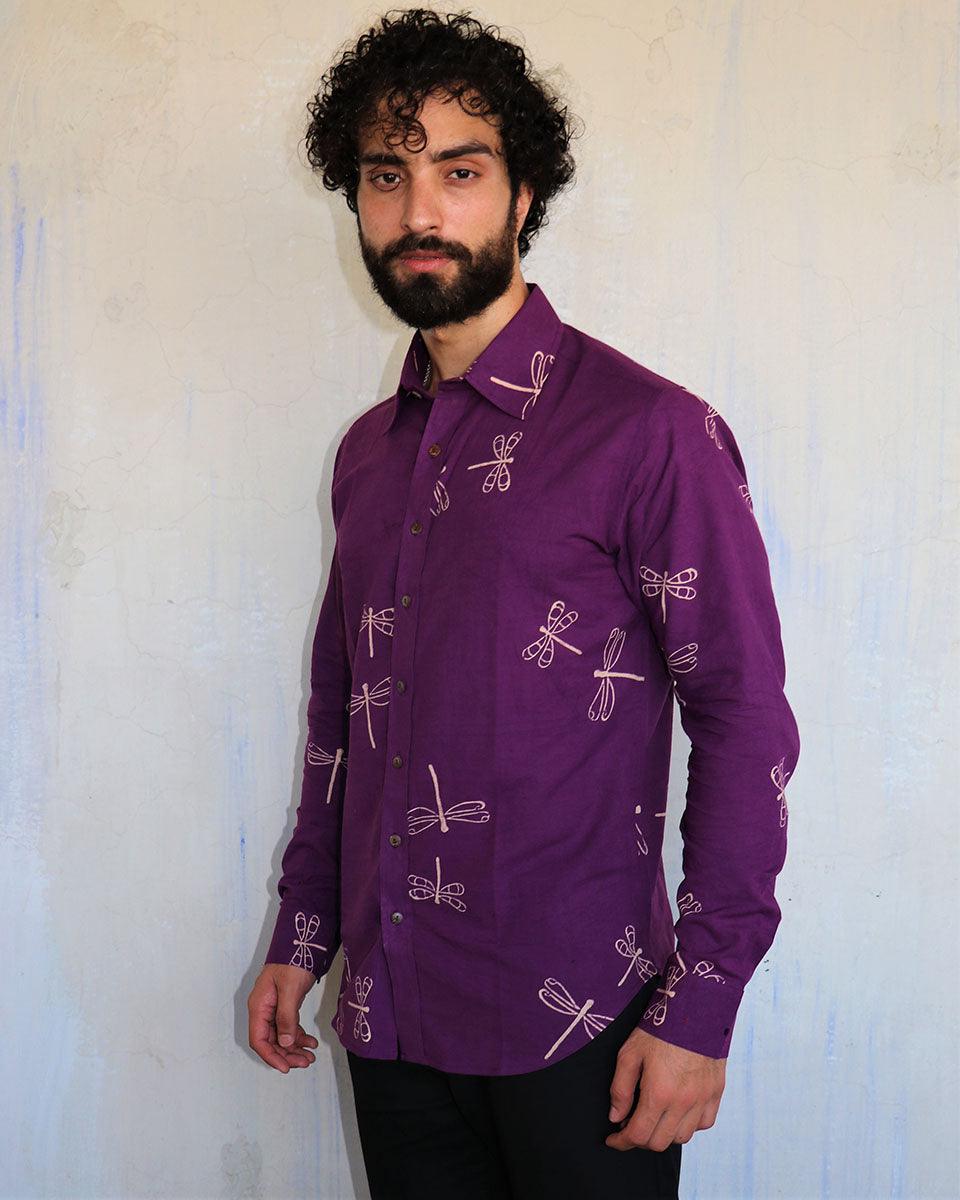 Aubergine Dragonfly Blockprinted Men'S Shirt