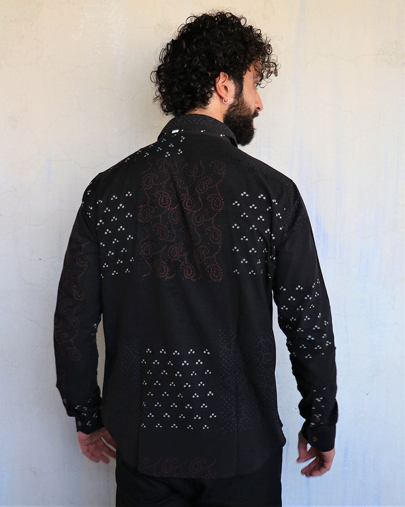 Black Paisley Motif Blockprinted Men'S Shirt