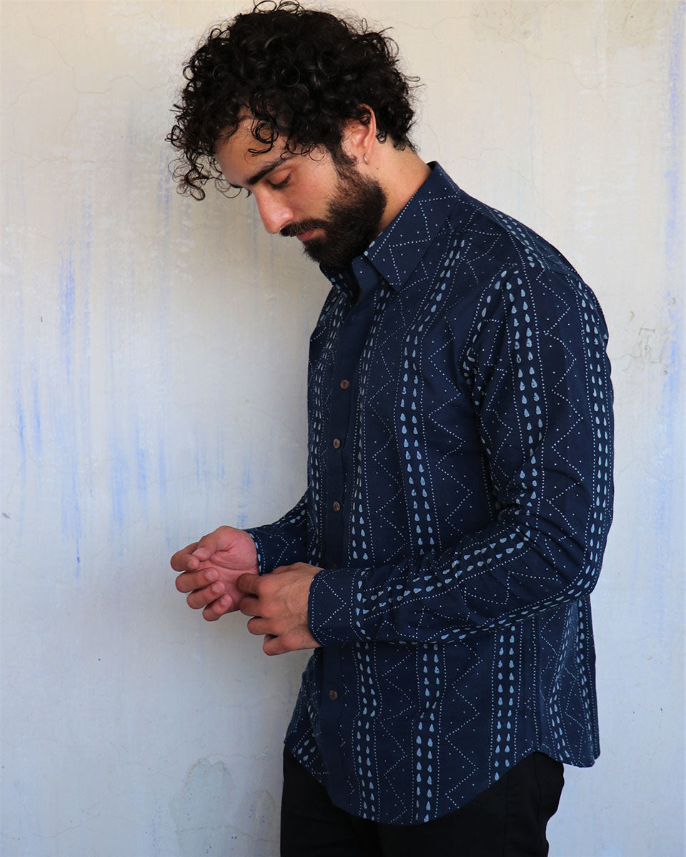 Navy Chevron Blockprinted Men'S Shirt