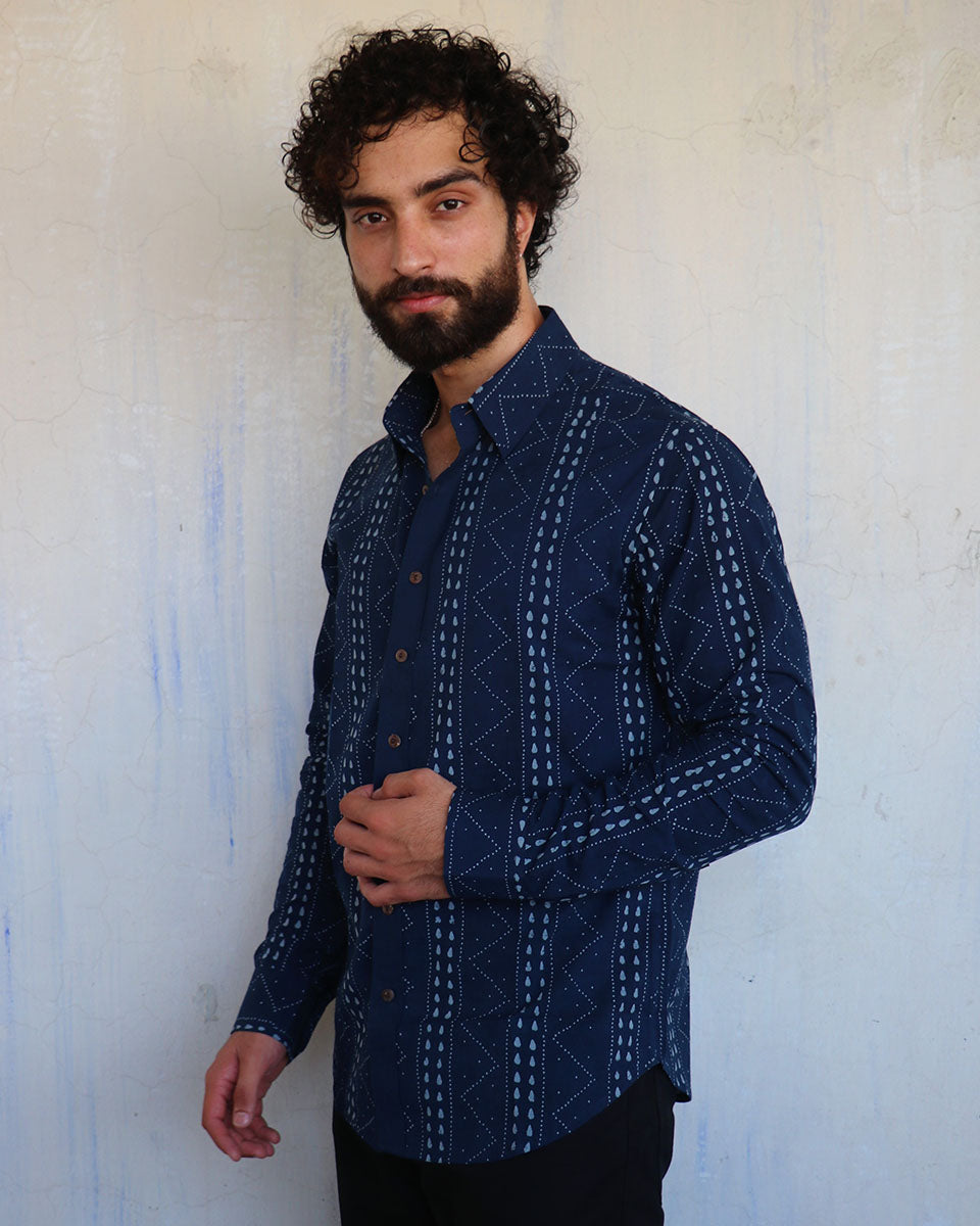 Navy Chevron Blockprinted Men'S Shirt