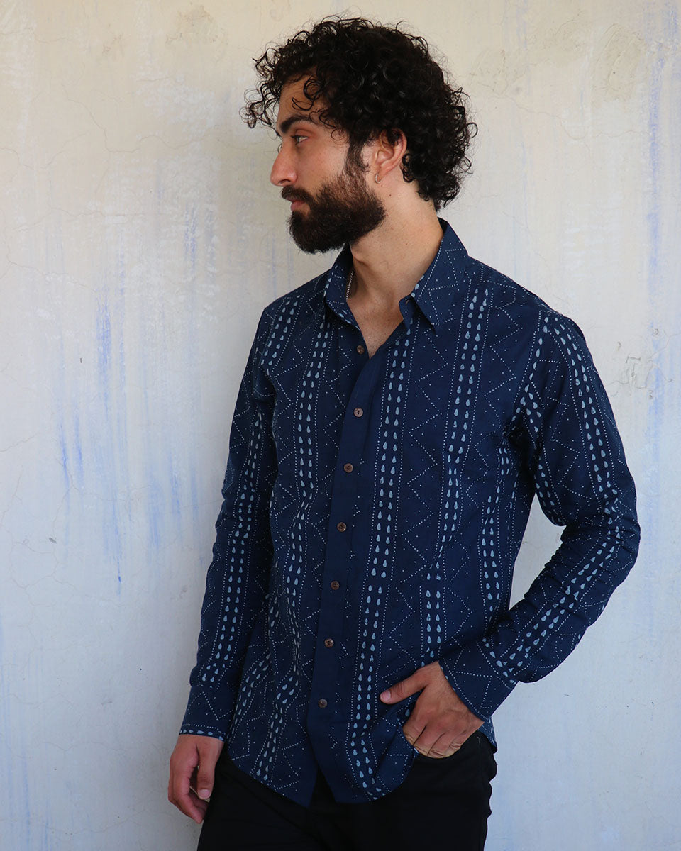 Navy Chevron Blockprinted Men'S Shirt