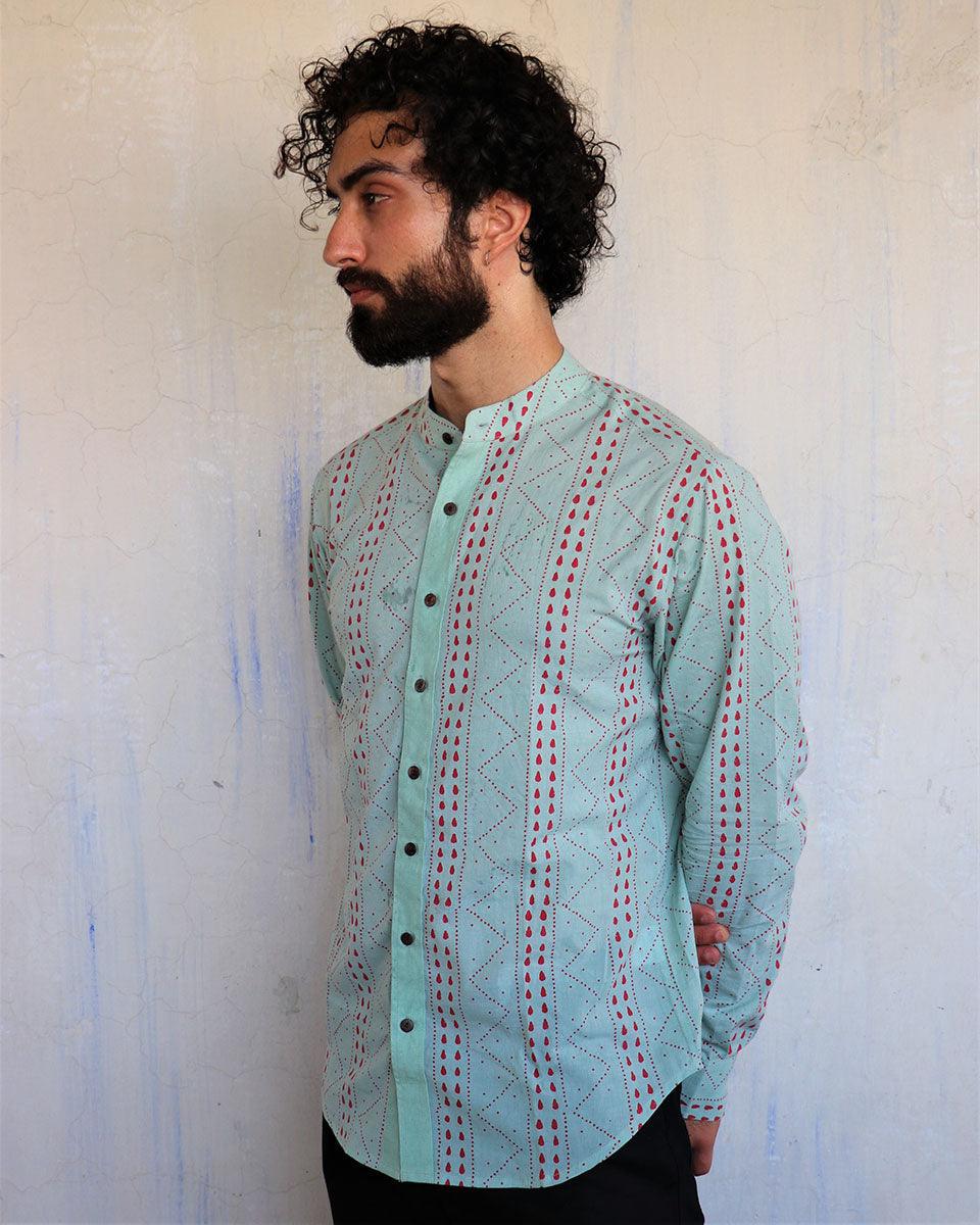 Sea Green Chevron Blockprinted Men'S Shirt