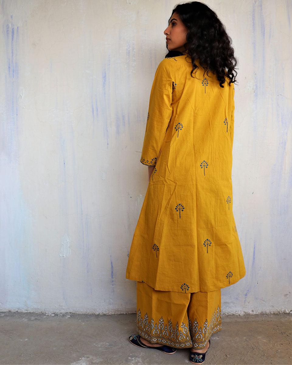 yellow handblockprinted cotton kurta set | kurta set for women | chidiyaa