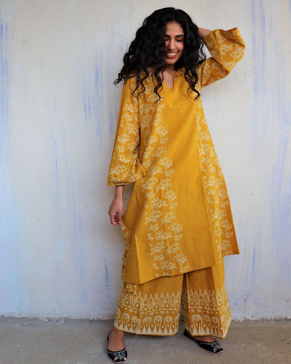 Aarna Classic Mustard Block Printed Cotton Pant