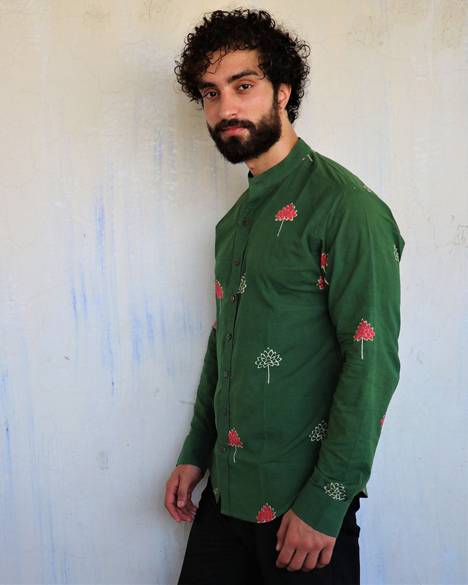 Emerald Green Lotus Motif Blockprinted Men'S Shirt