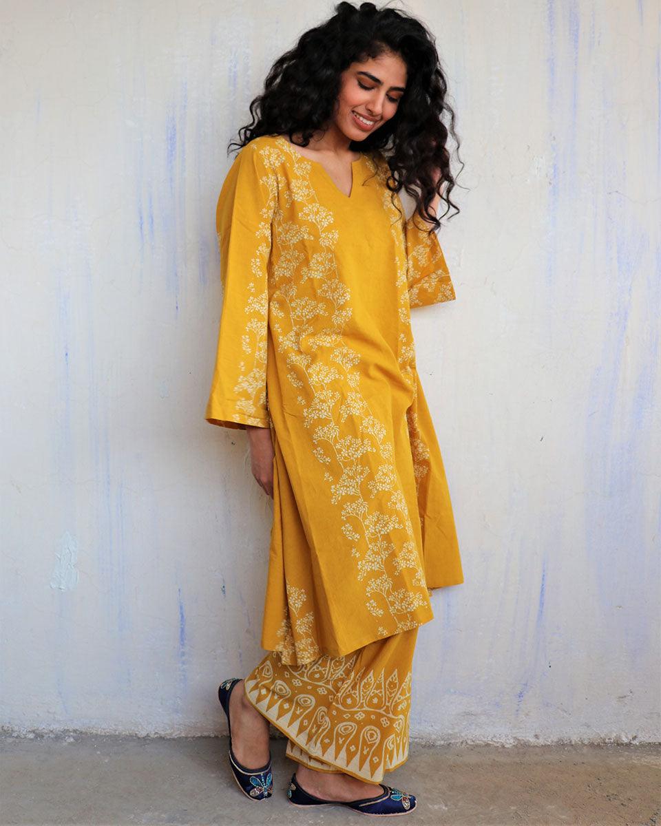 Aarna Classic Mustard Block Printed Cotton Pant