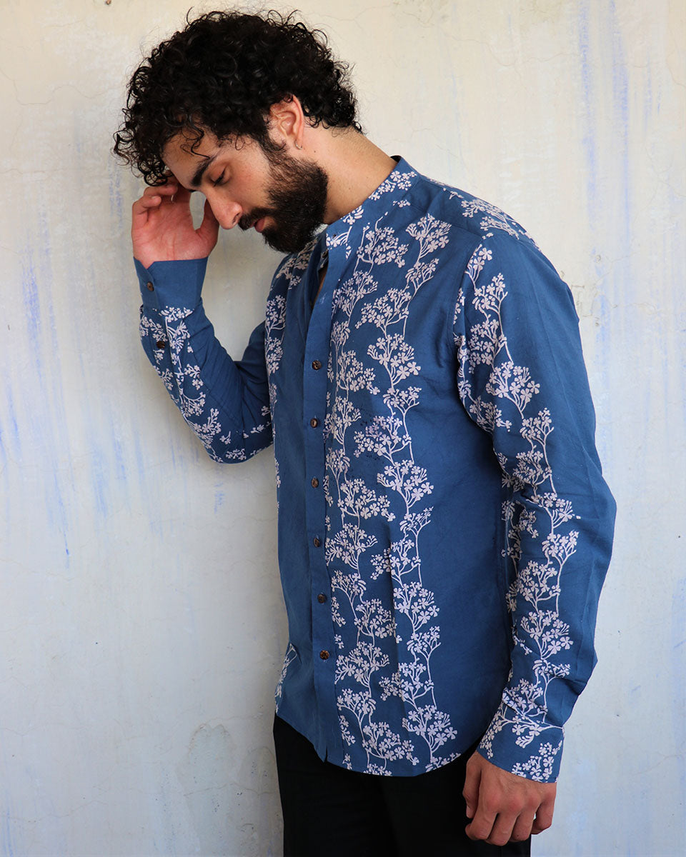Blue Floral Blossom Blockprinted Men'S Shirt