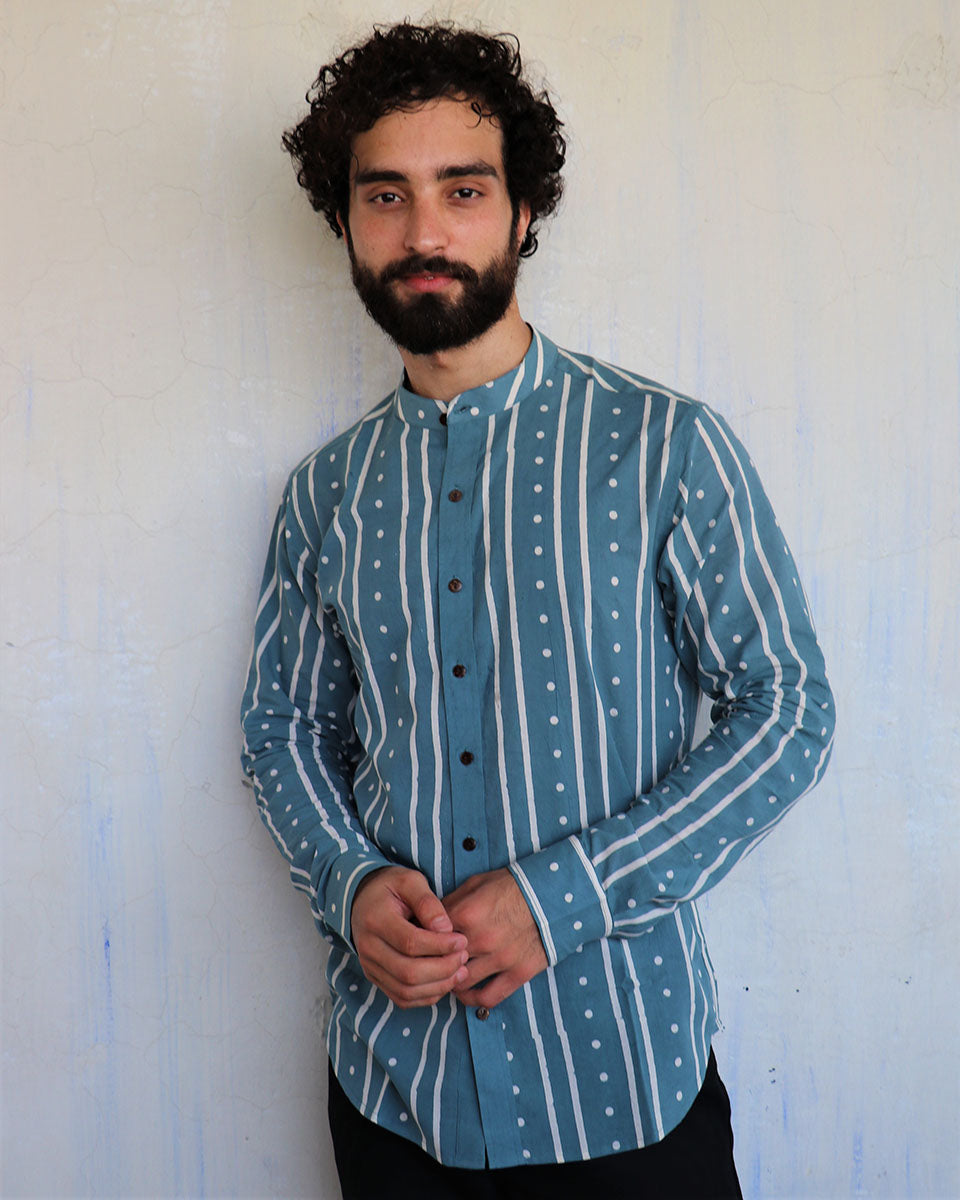 Teal Stripes & Dots Blockprinted Men'S Shirt