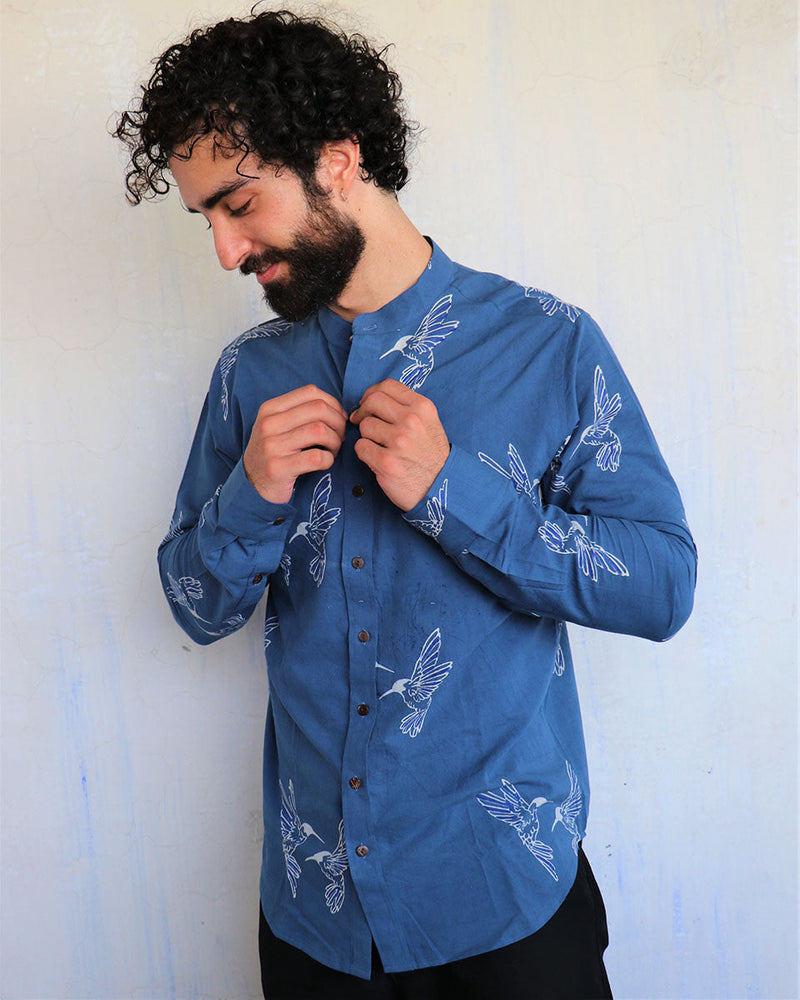 Blue Kingfisher Blockprinted Men'S Shirt