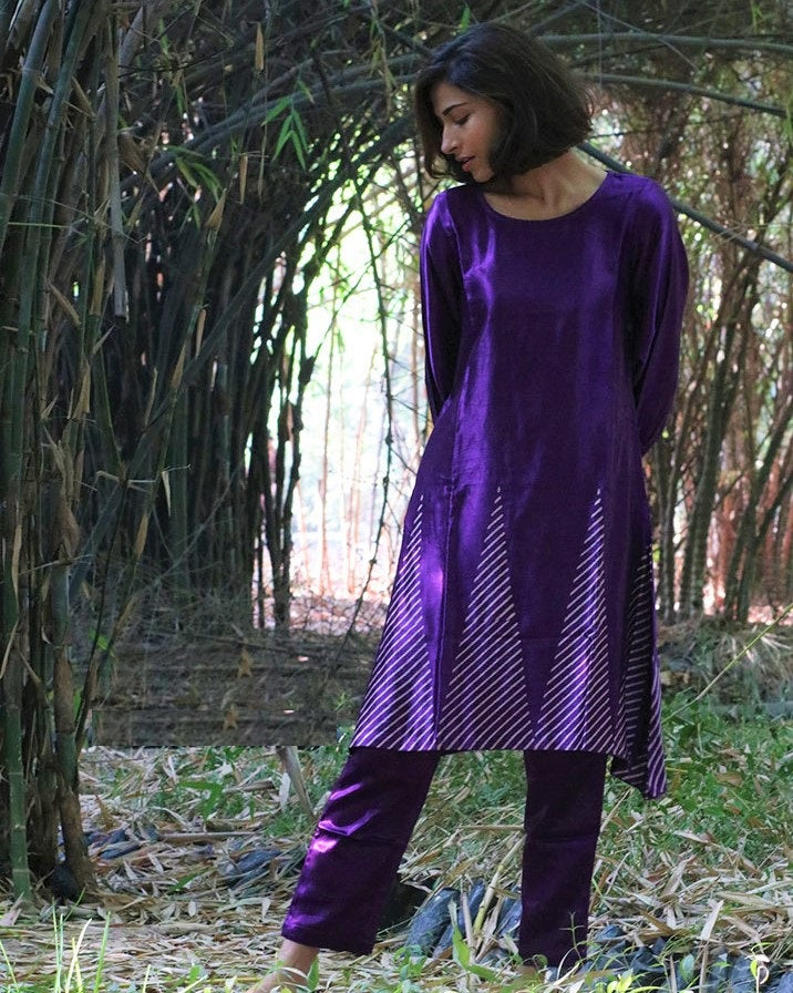 Mystic Purple Hand Blockprinted Mashru Silk Kurta -LD