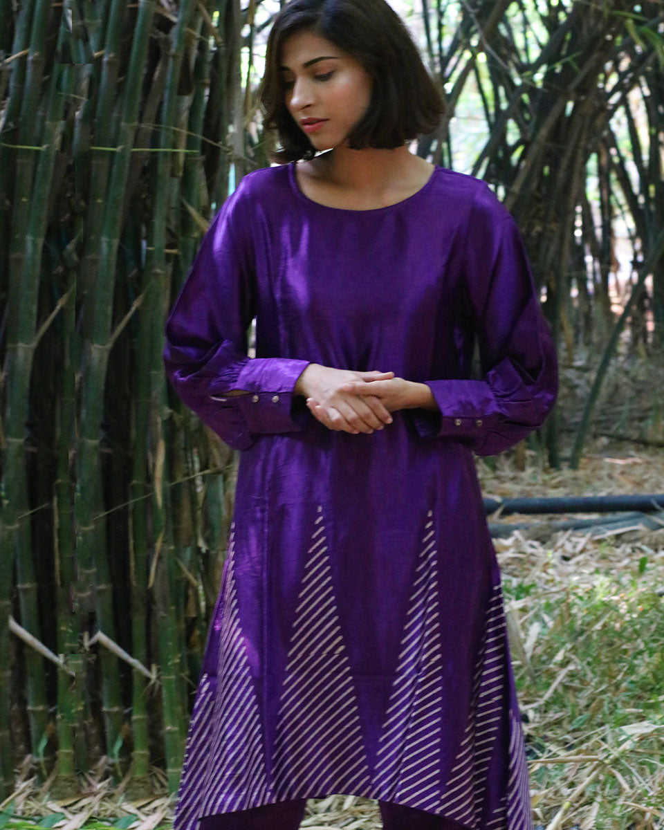 Mystic Purple Hand Blockprinted Mashru Silk Kurta -LD